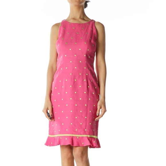 Althuser Dresses & Skirts - Althuser Pink/Green 100% Linen Embroidered-Polka Dots Dress